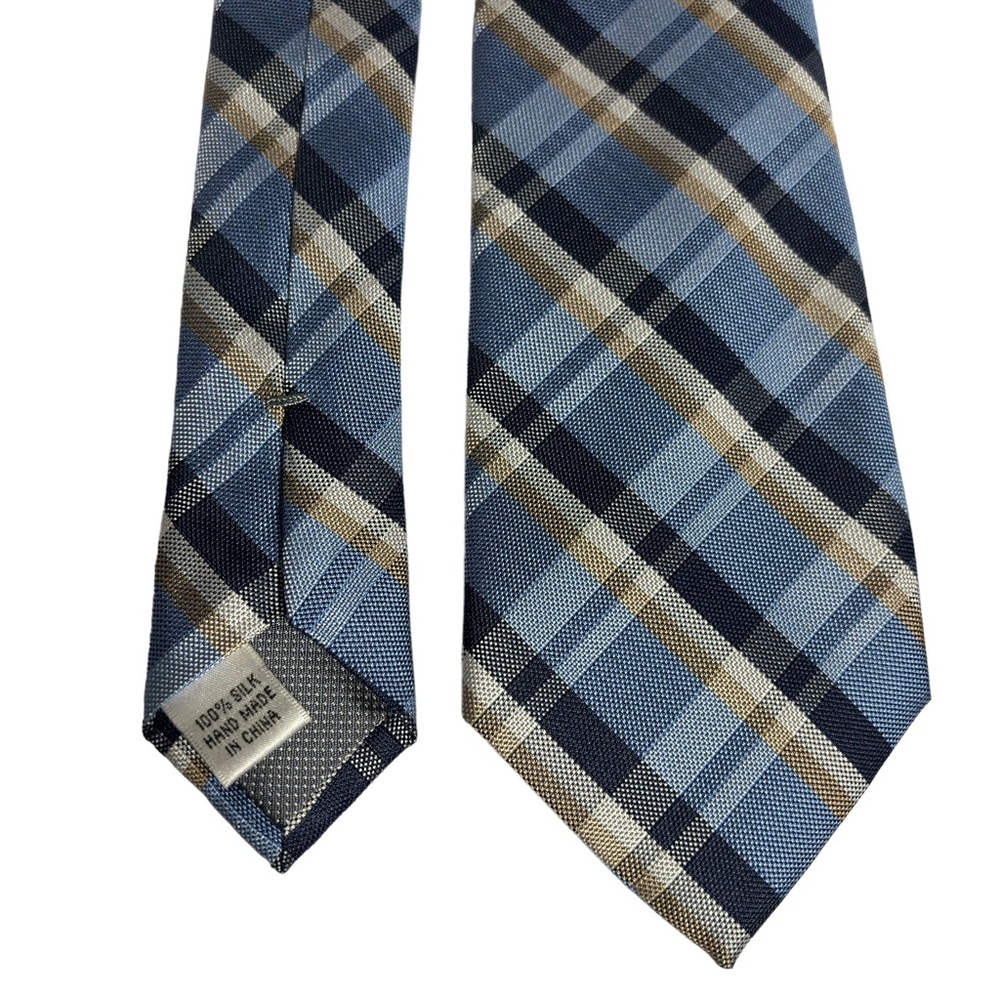 Handmade 100% SILK Plaid Tie Enro blue white tan  EUC LIKE NEW